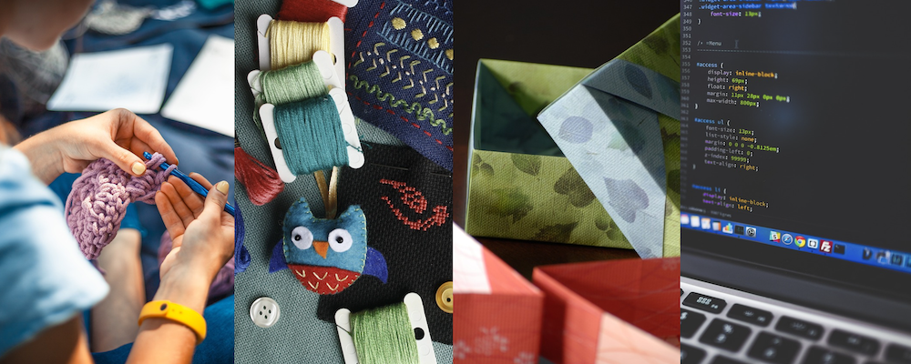 Banner image for Crafternoon events showing embroidery, knitting, coding and origami equipment